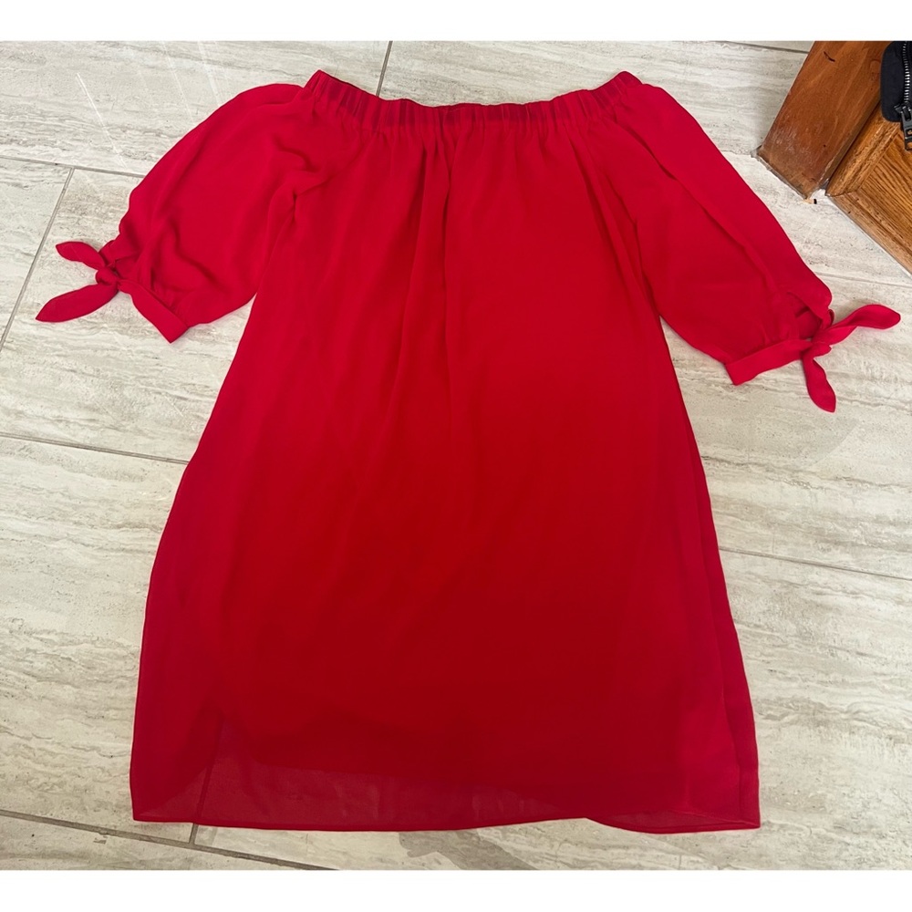 Red Off-Shoulder Tie-Sleeve Dress